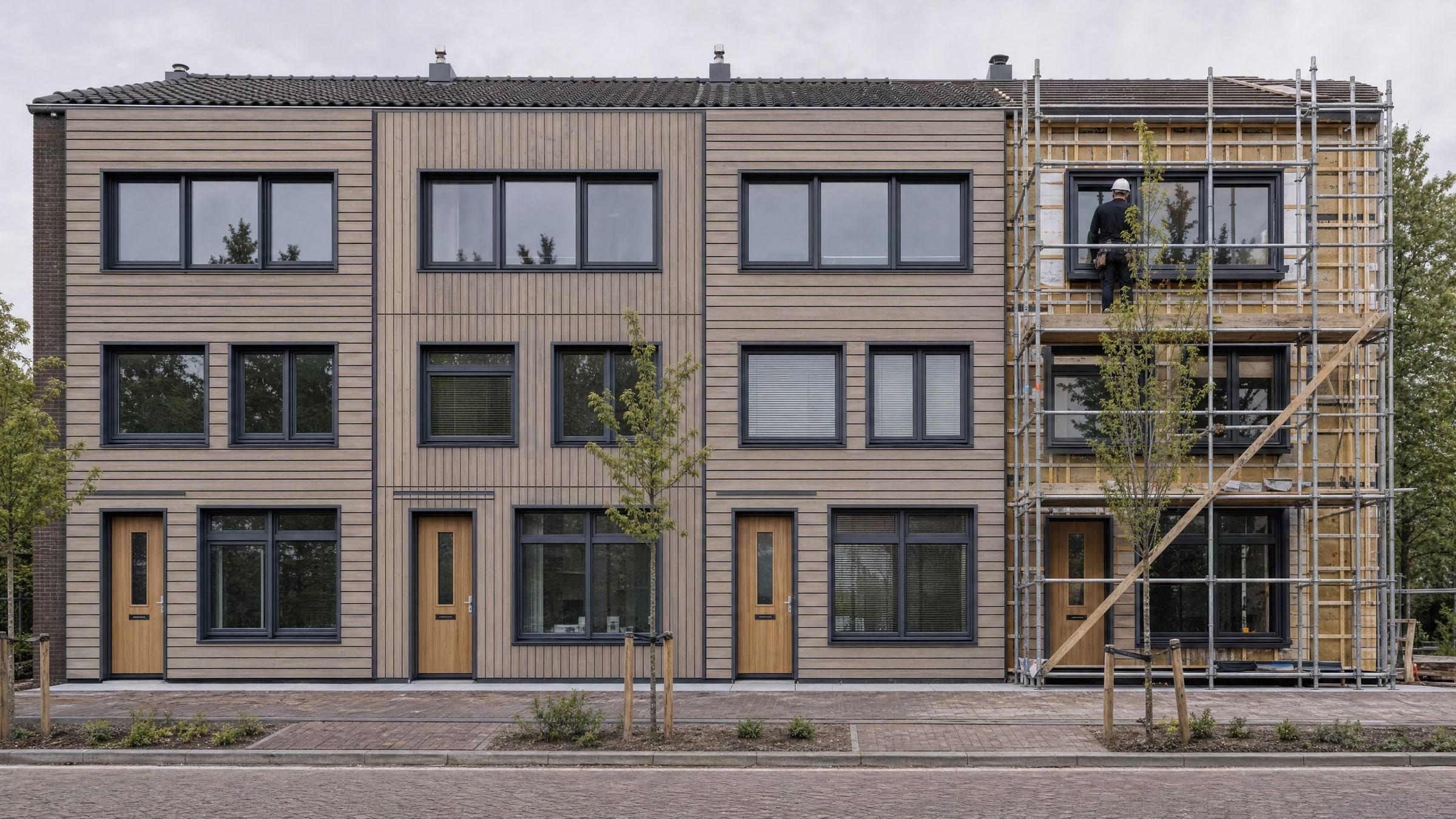 Sfeerbeeld: rij jaren-70-woningen met nieuwe houten gevels en kozijnen, de laatste woning nog in de steiger