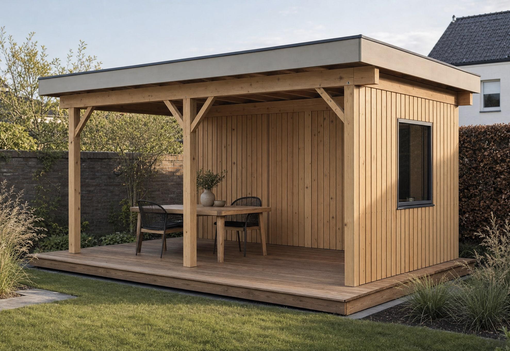 Sfeerbeeld: houten tuinkamer met overkapping en terras in een achtertuin